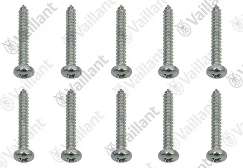 Vaillant Schrauben in einer Packung mit zehn Stück, metallisch glänzend, mit Schneckengewinde und flachen Köpfen angeordnet in zwei Reihen.